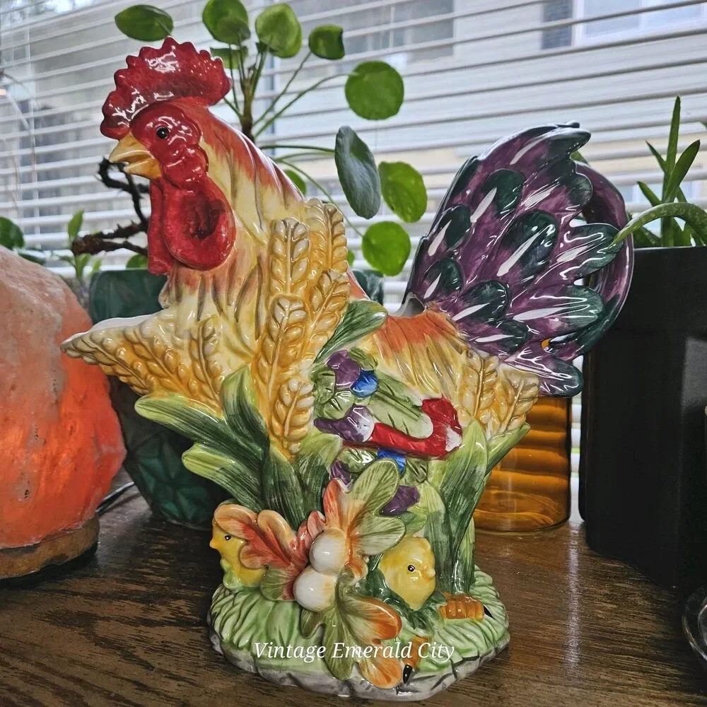 Vtg Decorative Chicken Hand-painted Ceramic 3D Rooster Pitcher Bird Water Jug